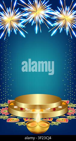 Festive Diwali vertical banner featuring a golden display podium, glowing diya, decorative rangoli, sparkling fireworks and large copy space. Stock Vector