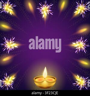 Festive Diwali square banner featuring a glowing diya lamp, sparkling golden fireworks, glowing particles on a dark purple background with copy space. Stock Vector