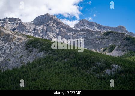 Layered limestone peaks rise above evergreen forests along Lake Minnewanka in Banff National Park, Alberta, Canada. Stock Photo