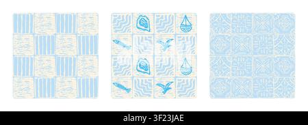 Amalfi style tile seamless pattern with nautical elements - fish, boat, oyster and seagull. Light blue retro maiolica tiles square background. Mediter Stock Vector