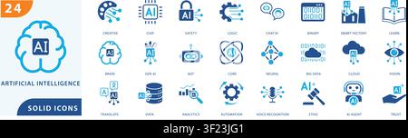 artificial intelligence solid icon set featuring ai technology, machine learning, generative ai, neural networks, chat ai, ai chip, big data, cloud co Stock Vector
