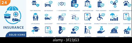 insurance solid icon set featuring health insurance, life insurance, car insurance, home insurance, travel insurance, cyber insurance, business insura Stock Vector