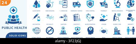 modern public health solid icon set featuring clean water, hand washing, telemedicine, emergency service, virus control, pharmacy, medical research, Stock Vector