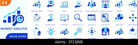 market analysis solid icon set featuring market intelligence, customer insights, market trends, product  offers, market segmentation, research, Stock Vector