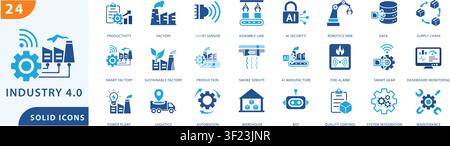 industry 4.0 solid icon set featuring smart factory, automation, robotics, artificial intelligence, industrial production, smart sensors, Stock Vector