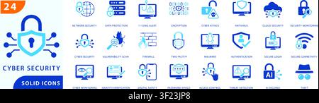 cyber security solid icon set featuring network security, data protection, encryption, phishing alert, cyber attack prevention, firewall, Stock Vector
