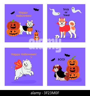 Cute Halloween greeting cards collection featuring adorable cartoon dogs in spooky outfits, pumpkins, ghosts, and bats. Creative square festive Stock Vector