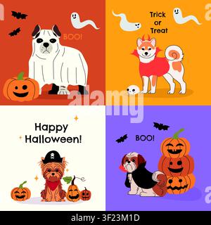 Cute Halloween greeting cards collection featuring adorable cartoon dogs in spooky outfits, pumpkins, ghosts, and bats. Creative square festive Stock Vector