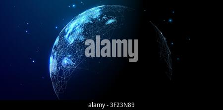 Abstract blue sphere with wireframe grid and glowing dots  Stock Vector