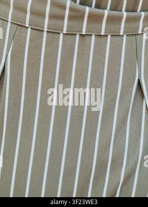 Detailed close-up of a green striped linen skirt featuring pleated construction and natural woven fabric texture. Perfect for fashion, apparel, textil Stock Photo