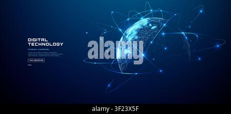 Digital world map with glowing network connections. Blue globe surface Stock Vector