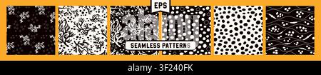 Six organic coral black and white seamless patterns. Abstract repeated natural compositions on yellow background. Stock Vector