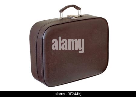 An old leather suitcase on a white background. A close-up of a brown leather suitcase. Stock Photo