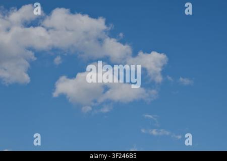 Wispy and scattered white cumulus clouds drifting across a vast, clean blue sky on a bright sunny day. Stock Photo