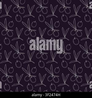 Olive fruits and leaves Seamless Pattern on dark background. Isolated Vector illustration Packaging or wallpaper design, print, textile, wallpaper or premium branding design backdrop, label, price tag Stock Vector