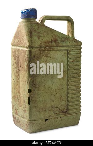 damaged dirty green plastic jerrycan isolated white background, old weathered container with blue cap and holes in close-up side view Stock Photo