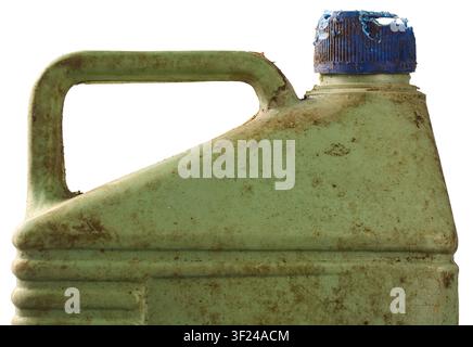 old dirty plastic jerrycan isolated white background, weathered green container with damaged blue cap and grunge texture, side view in close-up Stock Photo