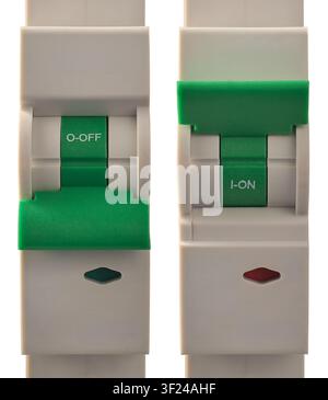electrical circuit breakers isolated white background close-up, green switches in on and off positions in safety device Stock Photo