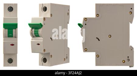 set of electrical circuit breakers isolated white background, plastic housing with green switch and metal terminal screws in different angles Stock Photo
