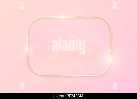 Gold shiny glowing rectangle frame with rose pastel brush strokes isolated on pink background. Golden luxury line border for invitation, card, sale, f Stock Vector