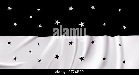 Cutout confetti style horizontal overlay pattern isolated on black background. Stars glitter design template in white atlas cloth style. Vector illust Stock Vector