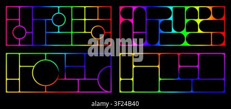 Rainbow RGB bento grid horizontal moodboard design mockup pack with shadows isolated on black background. Photo mosaic collage gallery template. Album Stock Vector