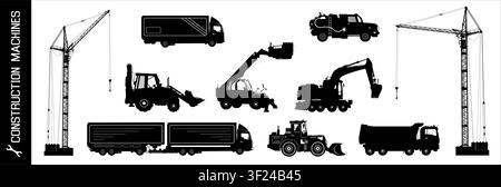 Detailed silhouettes of construction machines pack isolated on transparent bg. Construction equipment: trucks, excavators, bulldozer, elevator, cranes Stock Vector