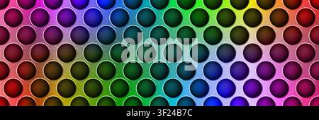 RGB Rainbow seamless perforated metal sheet realistic texture. Metal chrome grill plate with round holes. Modern design carbon radiator bg. Macro spea Stock Vector