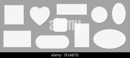 Pack of scalloped white postage frames isolated. Outline border template. Simple minimalist label text box. Blank scallop edge stamp mockup. Vector il Stock Vector