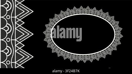 Seamless realistic textured lace border oval frame isolated on black. Vintage crochet embroidery frame. Classic ornament border trim ribbon line. Vect Stock Vector
