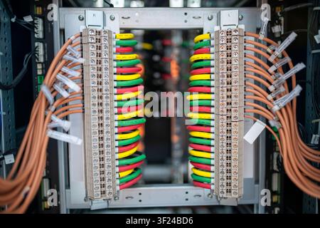 Close-up of an electrical panel featuring organized colorful wiring connected to terminal blocks, showcasing electrical infrastructure and system comp Stock Photo