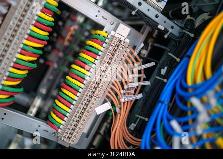 Close-up view of an electrical circuit panel with organized wiring including cables, wires, and connections for electrical distribution and control sy Stock Photo