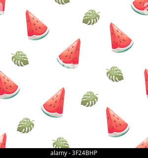 A seamless pattern featuring watermelon slices and monstera leaves Stock Vector