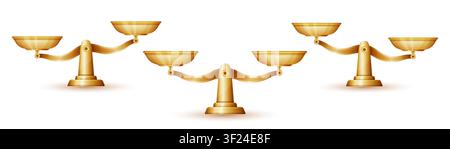 Scales balance weight measure comparison, vintage gold libra, bowls weigh equilibrium, imbalance. Justice law judgement, legal fairness, equality sign Stock Vector