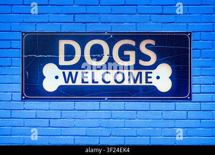 Dogs Welcome sign on the wall of a cafe in Hunstanton, Norfolk, UK Stock Photo