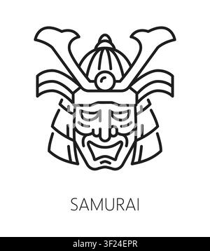 Japan samurai mask, Japanese travel line icon or sign. Asia tourism tour pictogram, Asian country holiday travel vector symbol. Japan vacation trip sign with samurai warrior armor helmet and mask Stock Vector