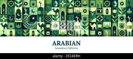 Ramadan Kareem arabian holiday geometric seamless bauhaus patterns. Eid Mubarak abstract shapes background with islam moon, arabic lanterns and mosque, muslim Kaaba and stars, Ramadan Kareem card Stock Vector