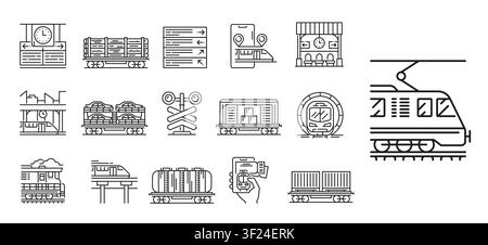 Railway and train road line icons, railroad pictograms, metro subway and monorail transport. Locomotive, freight wagon, logistic, passenger station, metro tunnel, ticket booking and railroad crossing Stock Vector