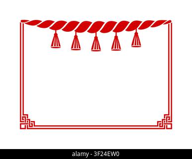Traditional Japanese frame with red shimenawa rope with hanging tassels above an empty rectangular border with decorative Oriental corner patterns. Cultural ceremonial New Year background template Stock Vector
