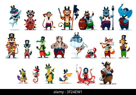 Cartoon animal corsair and pirate characters. Vector cute shark sailor, raccoon, monkey and sloth corsairs, hippo, elephant and tiger captain, crocodile, bear, fox and dog, parrot, crab animal pirates Stock Vector