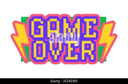 Game over Y2K groovy sticker or funky tag. Retro 80s groovy vector tag or patch. Vintage positive cartoon label or funny 60s funky sticker with 8bit game pixelated typography text and lightning bolt Stock Vector