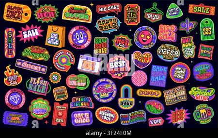 Retail shopping and sale y2k groovy patch stickers. Black friday and best offer product retro funky labels with vector trendy y2k shapes. Cartoon sale tags, groovy flower and flame stickers pack Stock Vector