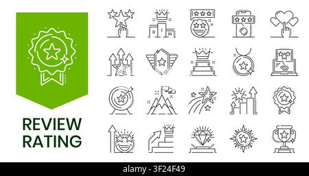 Review and rating icon set. Line art pictograms including stars, crowns, trophies, medals and podiums. Black linear badges for loyalty platforms, ranking systems and customer feedback UI design Stock Vector