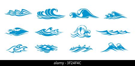 Blue sea wave icons, ocean ripple surf and tsunami. Abstract blue wave vector silhouettes of sea, ocean and river water streams with circle splashes, drops and ripple surface pattern, marine icons set Stock Vector
