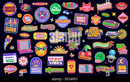 Retro y2k groovy stickers, funky patch labels and hippie smile emoji. Trendy shape stickers with vector icons of y2k groovy globe, sun, daisy and cherry, vintage pop art cocktail, sunglasses, cat Stock Vector