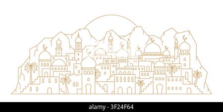 Arabian city landscape silhouette with domes of Muslim mosque minarets, arch and palm trees. Arabian city background of Arab palace with Middle Eastern architecture houses and ancient Arabic houses Stock Vector