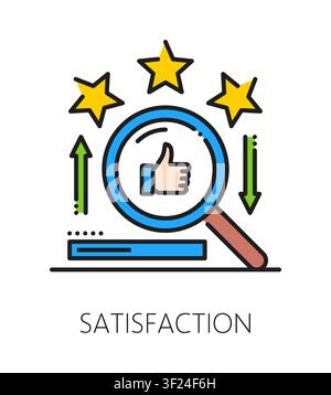 Product quality satisfaction inspection icon or label. Product quality approval sign, regulation color line vector symbol. Production inspection icon with magnifying glass, stars and thumb up Stock Vector