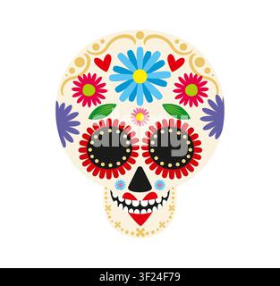 Mexican sugar skull icon with large blue daisy on forehead, vibrant marigold flowers, hearts and golden ornaments. Traditional Dia de Los Muertos or Day of the Dead icon for festive greeting cards Stock Vector