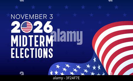 Midterm Elections 2026 Banner on Blue Background with Flag Wave Vector Illustration Stock Vector