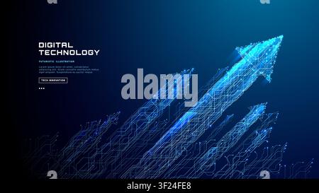 Glowing circuit pathways form ascending arrows in neon blue Stock Vector